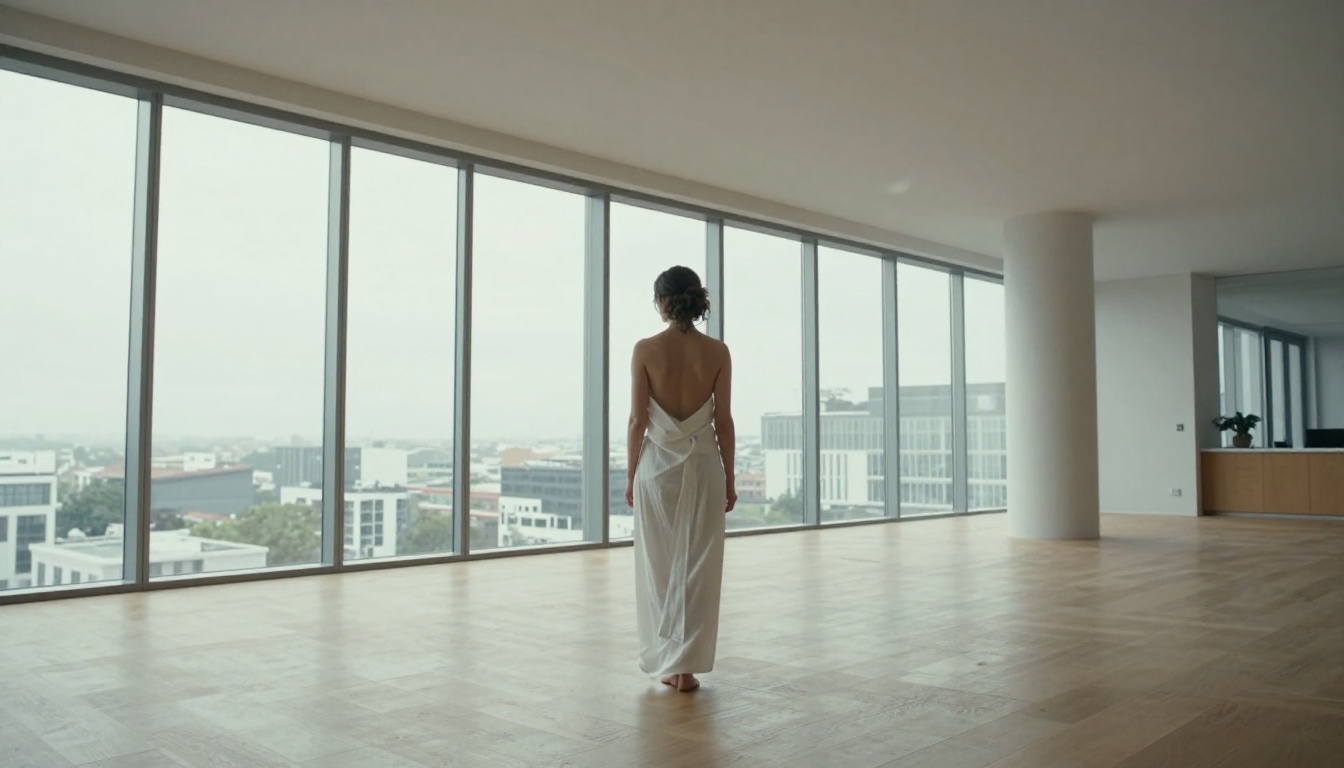 Beautiful woman standing in vast luxury apartment facing floor-to-ceiling windows