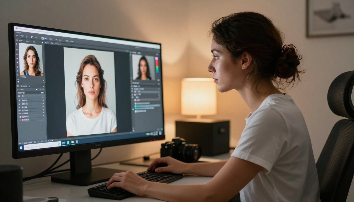 AI image editing workspace with professional monitor setup
