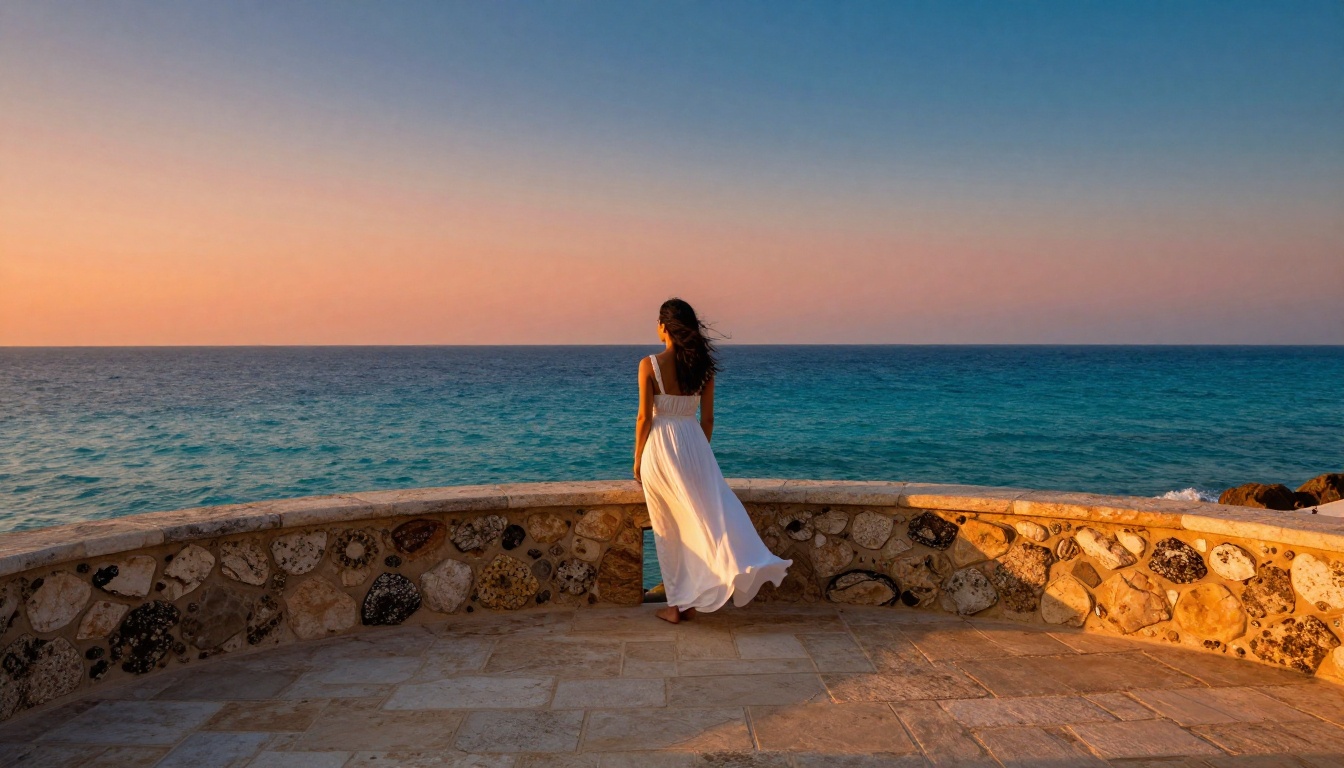 Woman in flowing white dress standing at luxury beachfront villa terrace at dusk