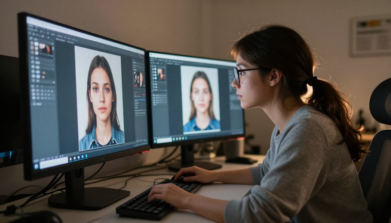 Professional dual-monitor editing setup, before and after comparison