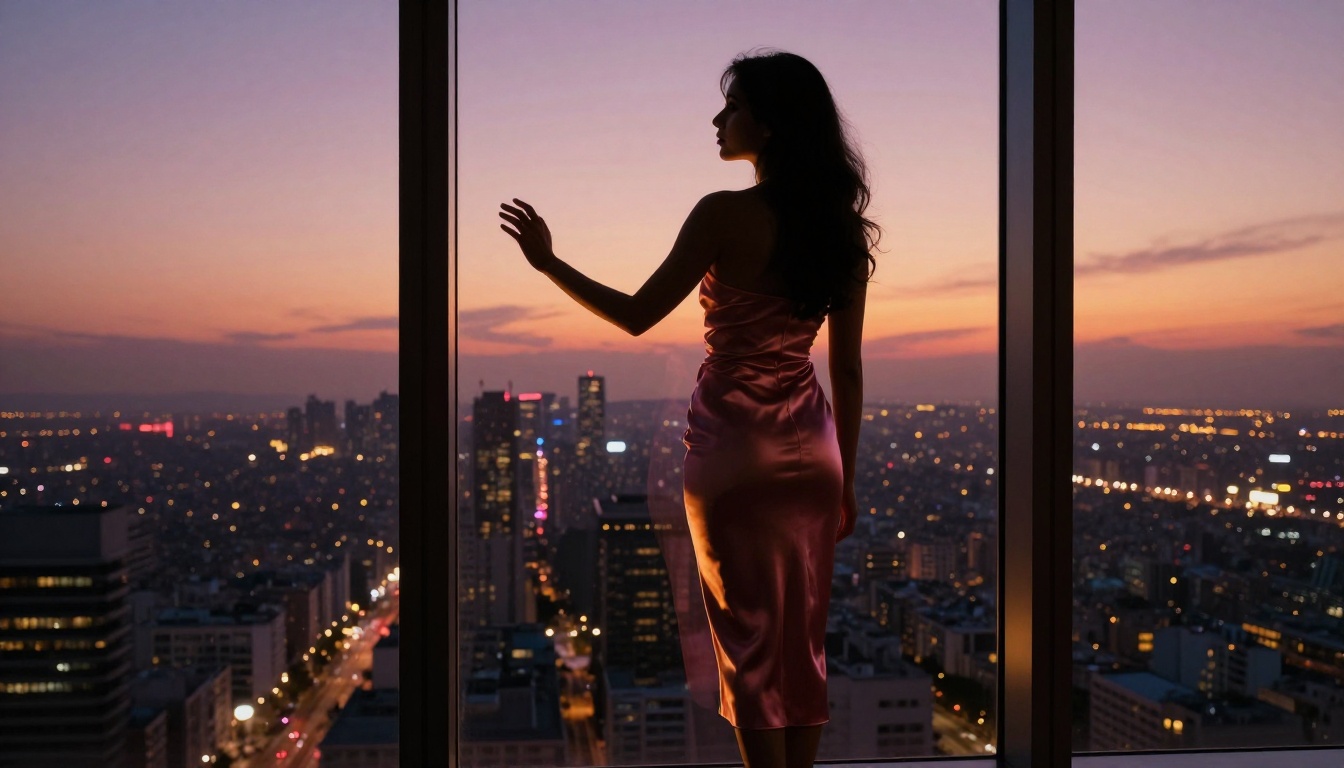 Dramatic woman silhouette against city skyline at dusk