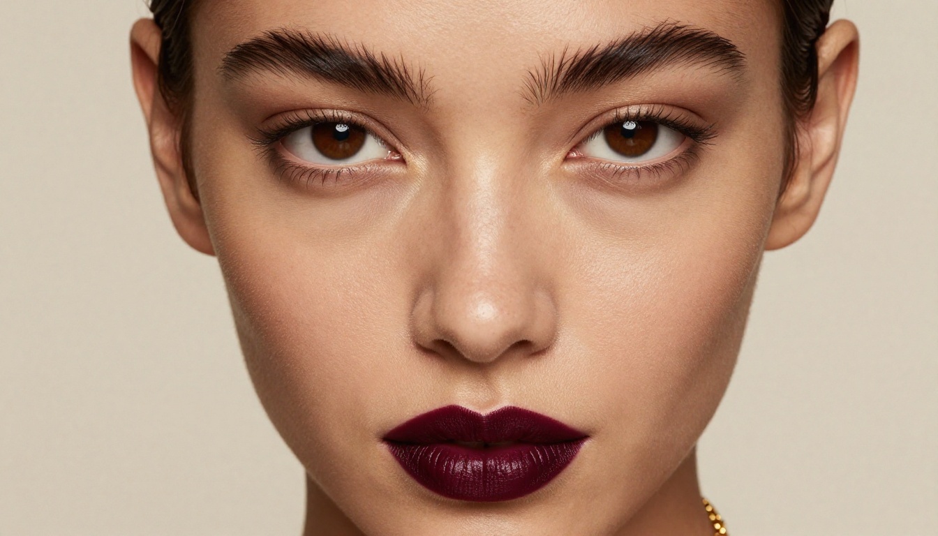 Beauty editorial portrait with burgundy lips and gold chain