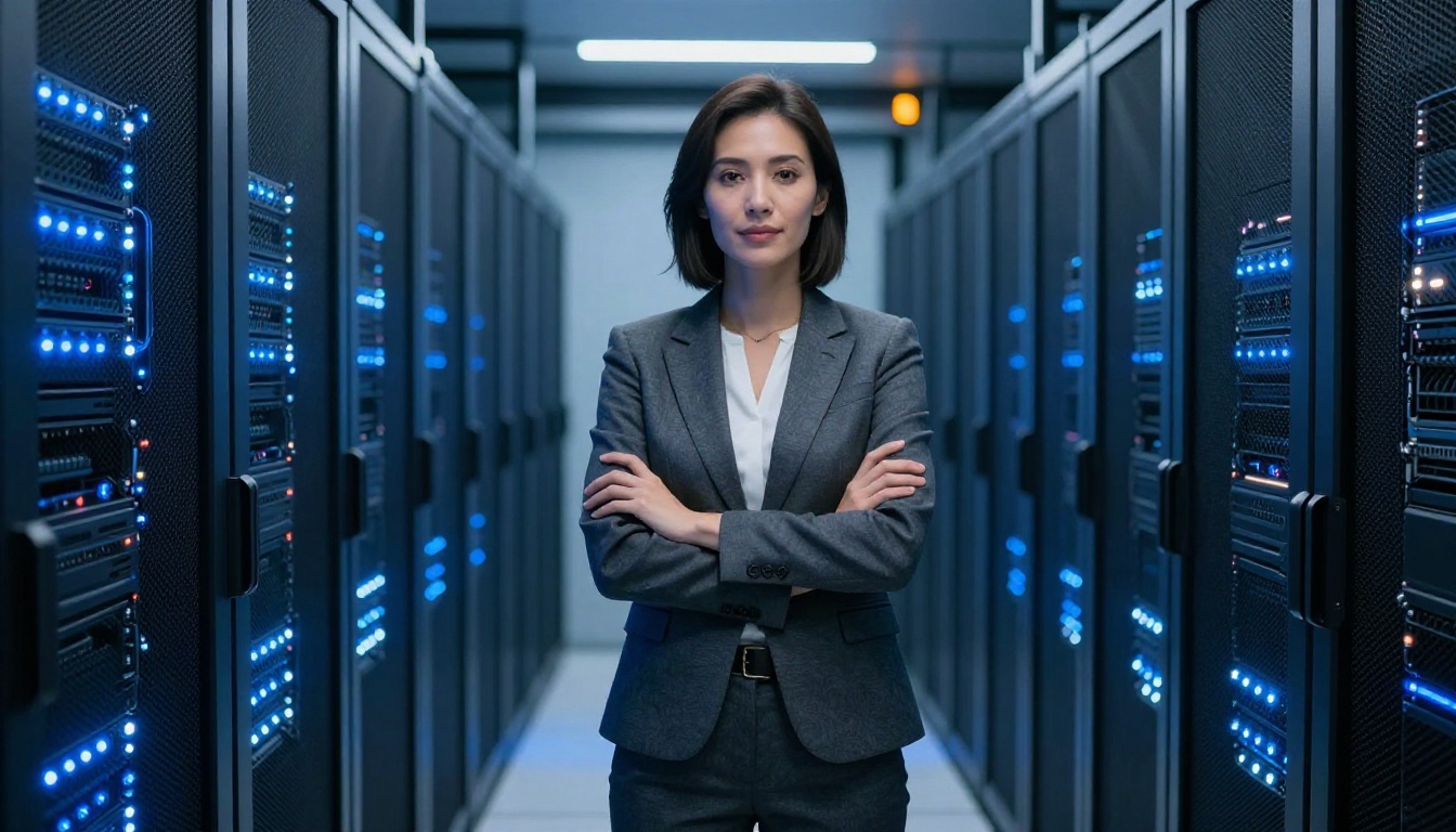 Professional woman in data center corridor between server racks