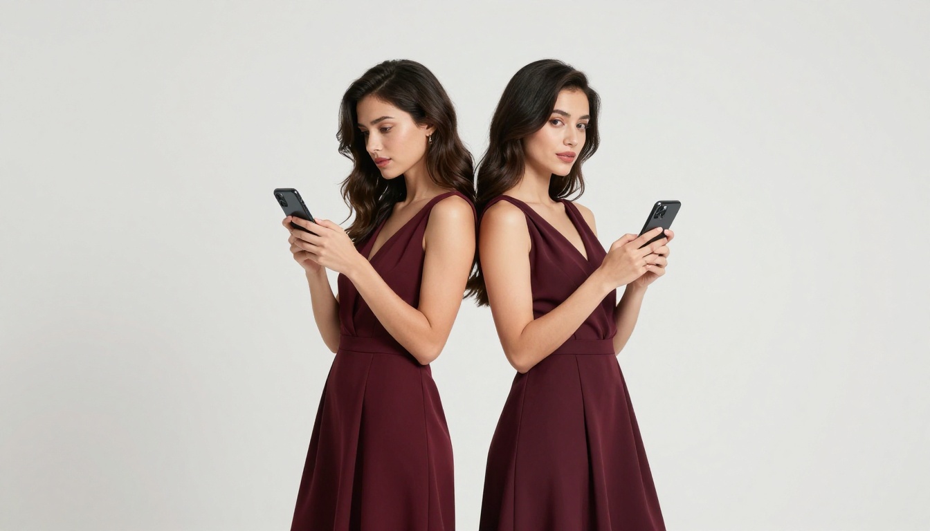 Two women in fashion studio comparing AI art results on phone