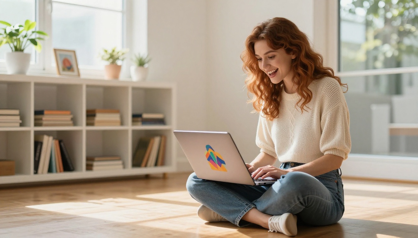 Young woman with auburn hair delighted by AI art on laptop