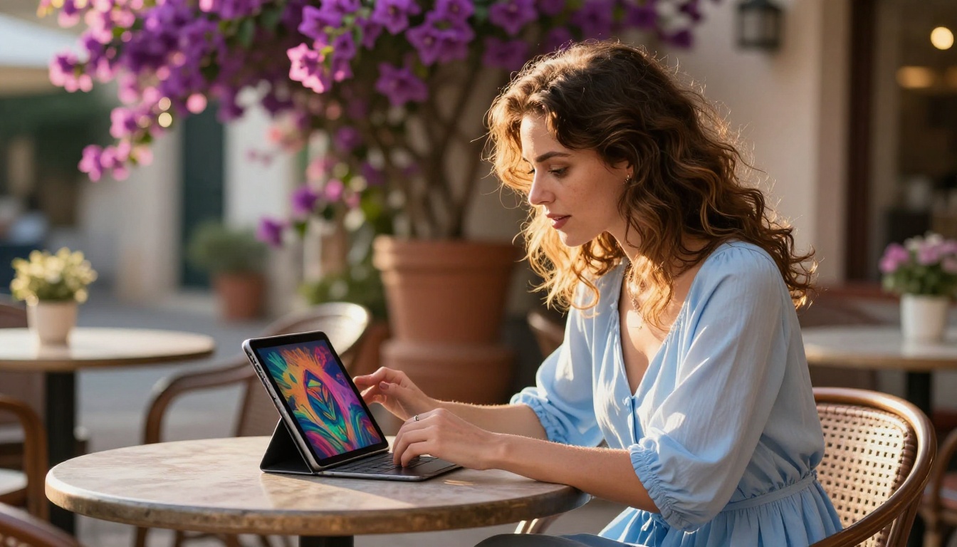 Woman browsing AI art on tablet at Mediterranean cafe terrace in golden hour