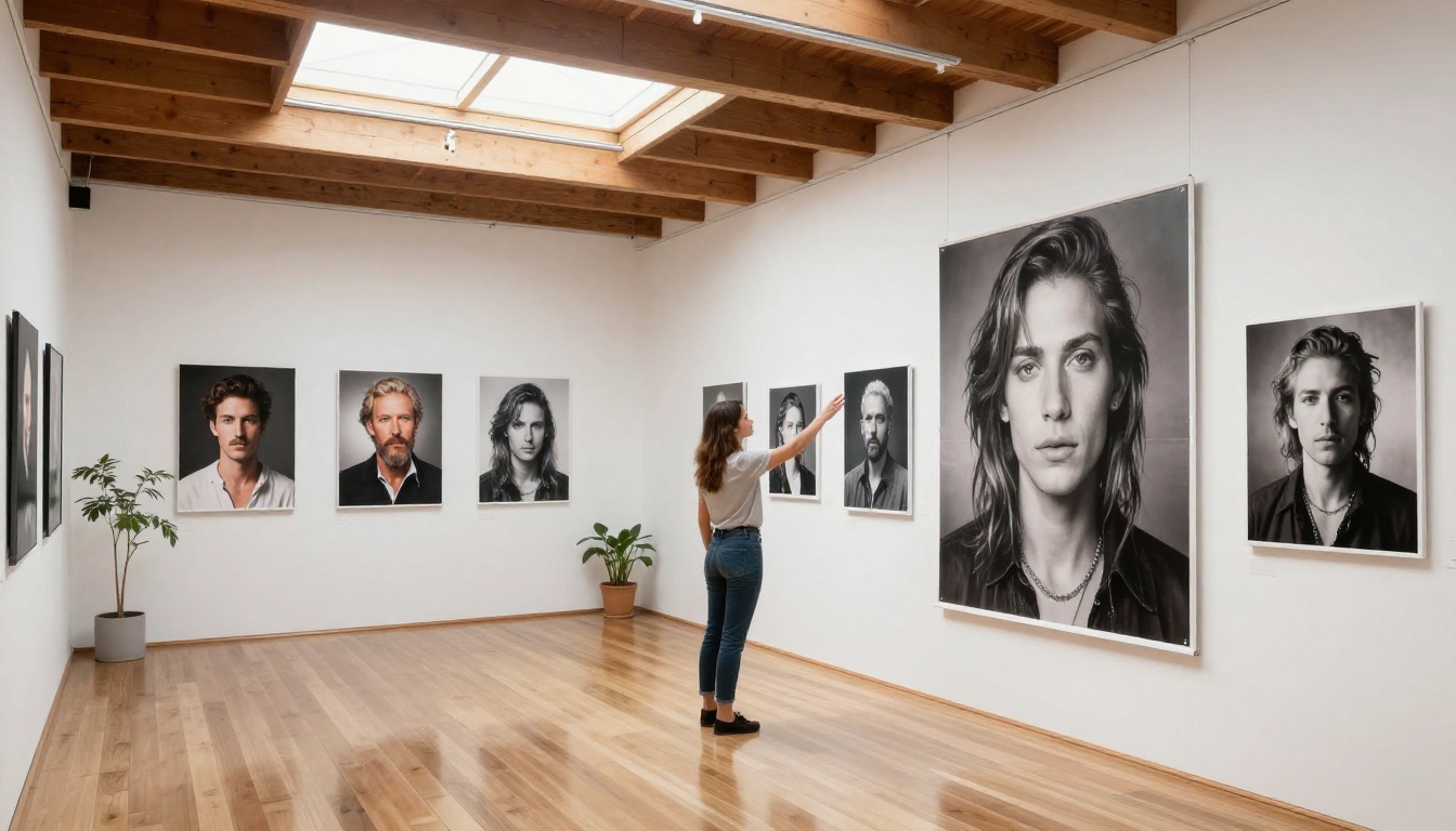 Woman admiring large format AI art prints in bright gallery studio