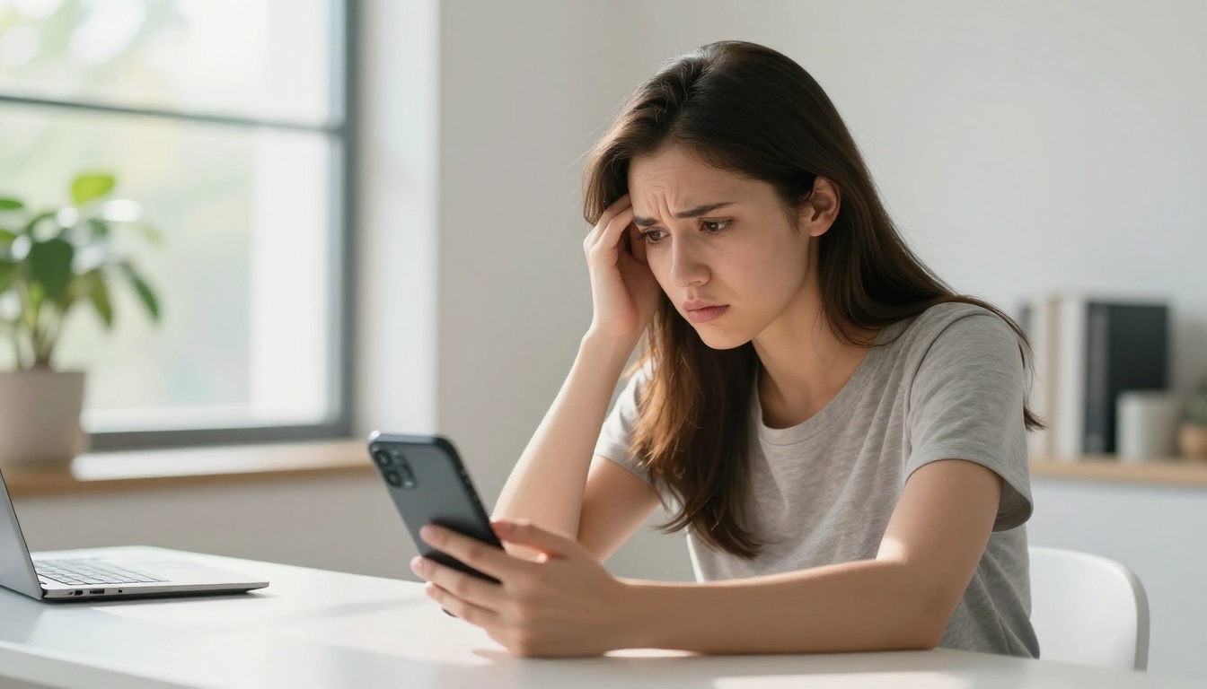 Woman frustrated looking at a blurry watermarked AI image on her phone screen