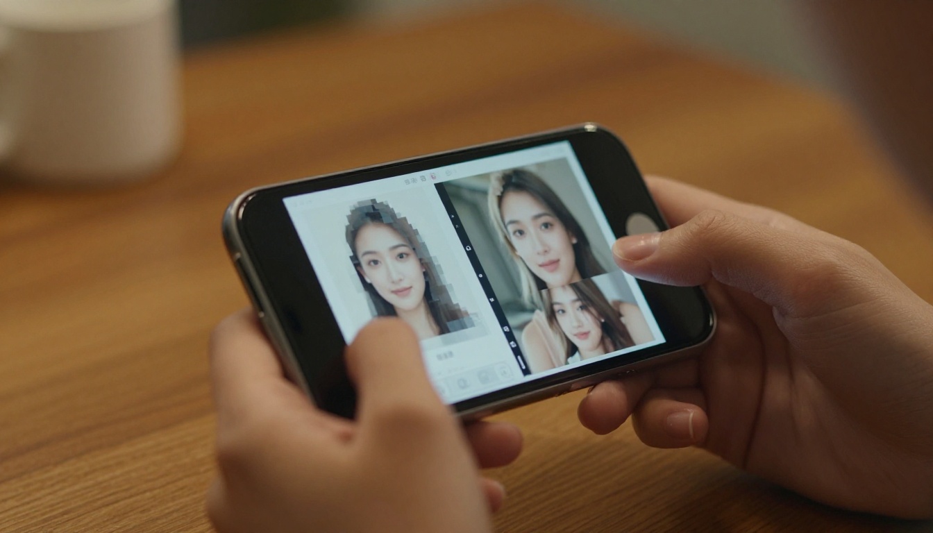 Hands comparing pixelated low-quality versus sharp AI outputs on a smartphone screen