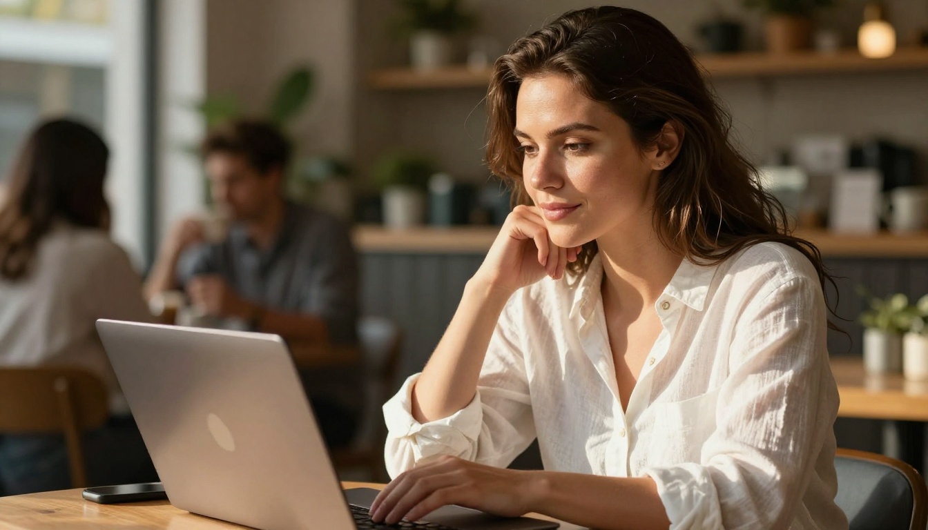 Confident woman in a sunlit café reviewing high-quality AI-generated outputs on her laptop with a satisfied expression