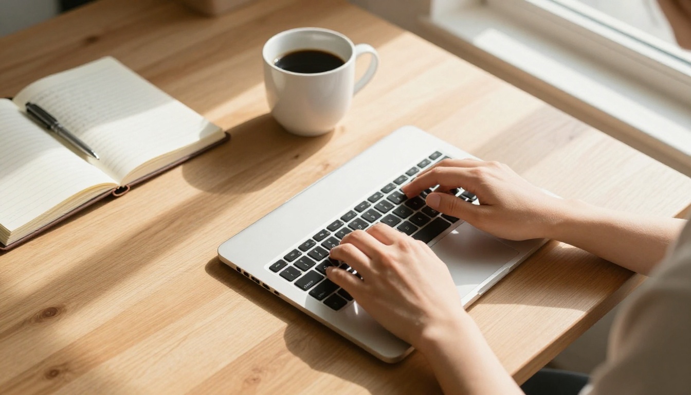 Aerial overhead view of woman's hands at a laptop with coffee and open notebook on a wooden desk