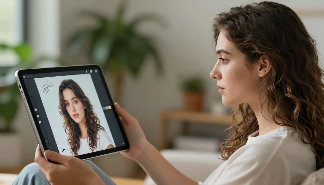 Woman in profile comparing AI output quality on a tablet with a split-screen of fake versus real results