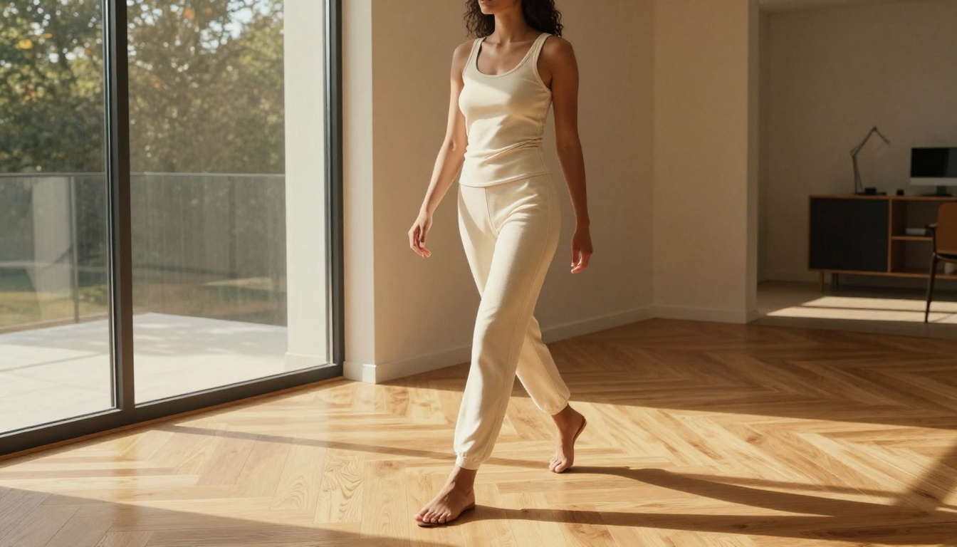 Low-angle shot of a confident woman walking through a minimalist apartment with morning light beams crossing the hardwood floor