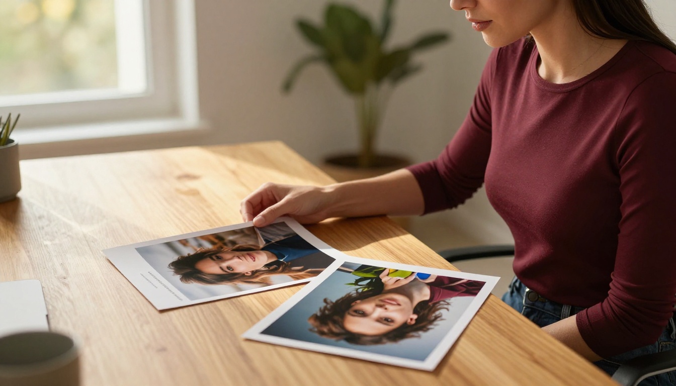 Attractive woman in a home office comparing a blurry watermarked photo against a sharp vivid AI-generated print
