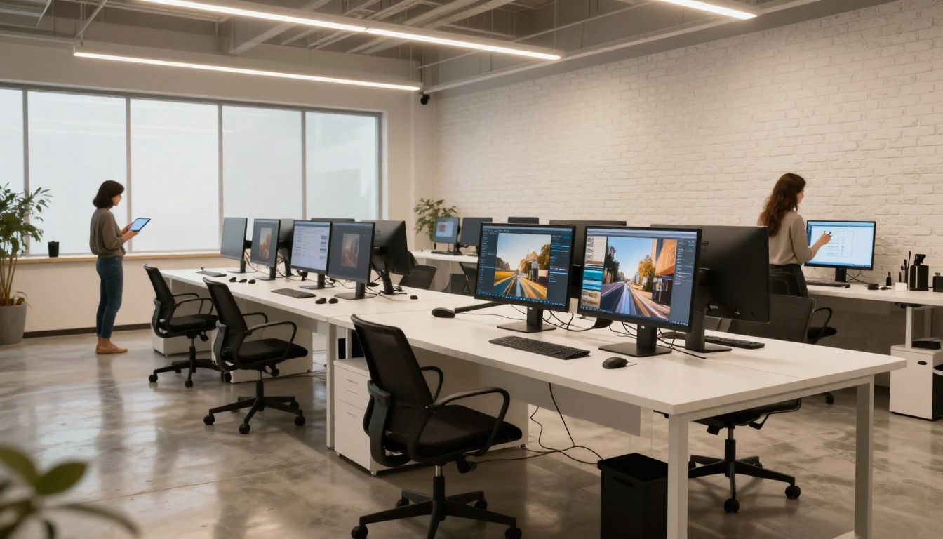 Wide shot of a modern creative studio with multiple monitors showing AI-generated photorealistic images, woman reviewing content in the background