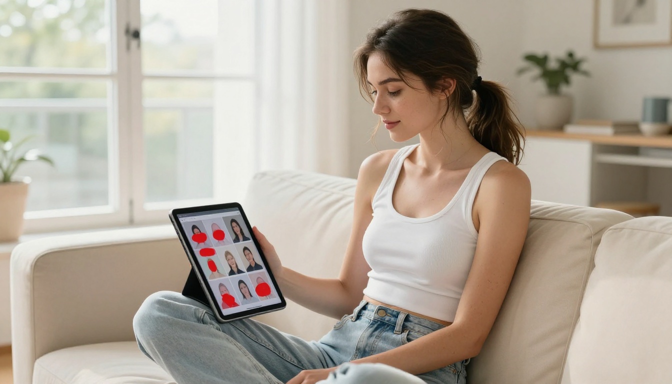 Woman reviewing AI content on tablet showing blocked and approved outputs