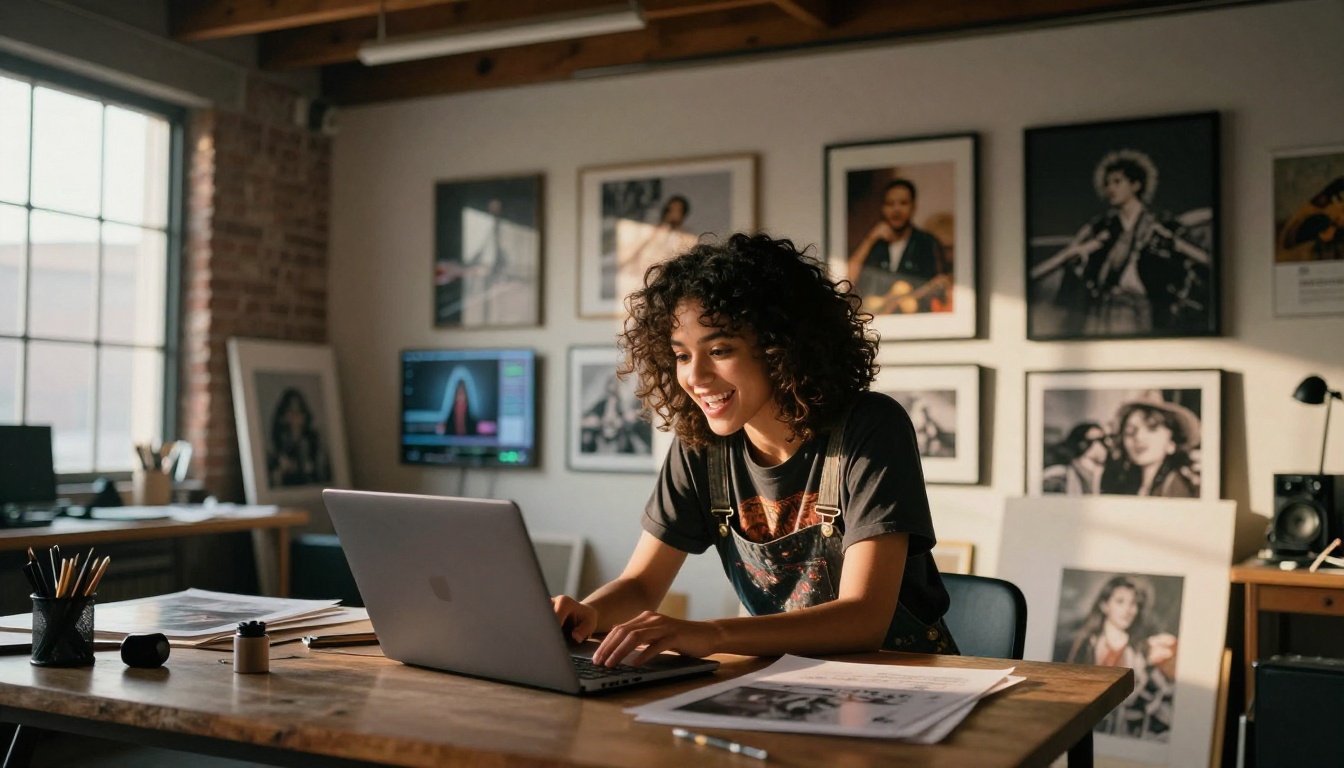 Artist working freely in loft studio with AI-generated results on screens