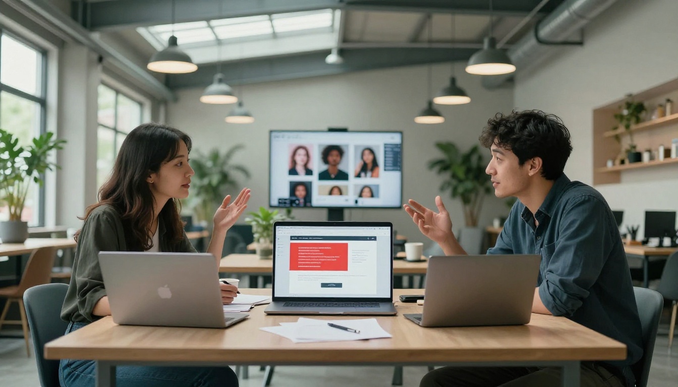 Two professionals comparing censored and open AI platforms in a co-working space
