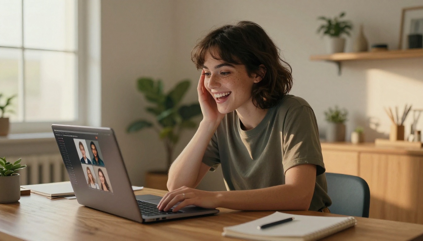 Content creator genuinely excited by AI image generation results on her laptop
