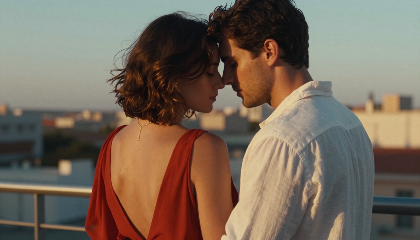 A couple in a romantic golden-hour embrace on a rooftop terrace A couple in a romantic golden-hour embrace on a rooftop terrace