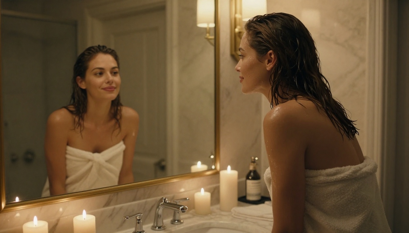 A woman examining her reflection in a candlelit bathroom mirror A woman examining her reflection in a candlelit bathroom mirror