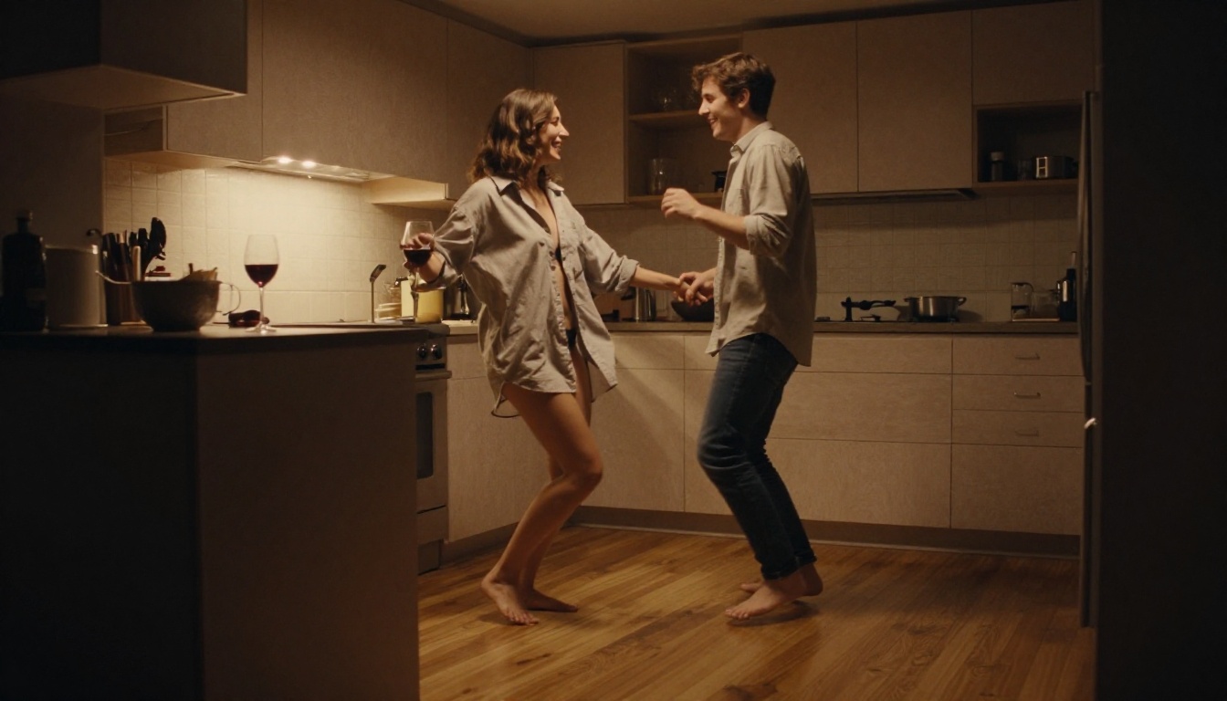 A couple dancing spontaneously in a warmly lit kitchen A couple dancing spontaneously in a warmly lit kitchen