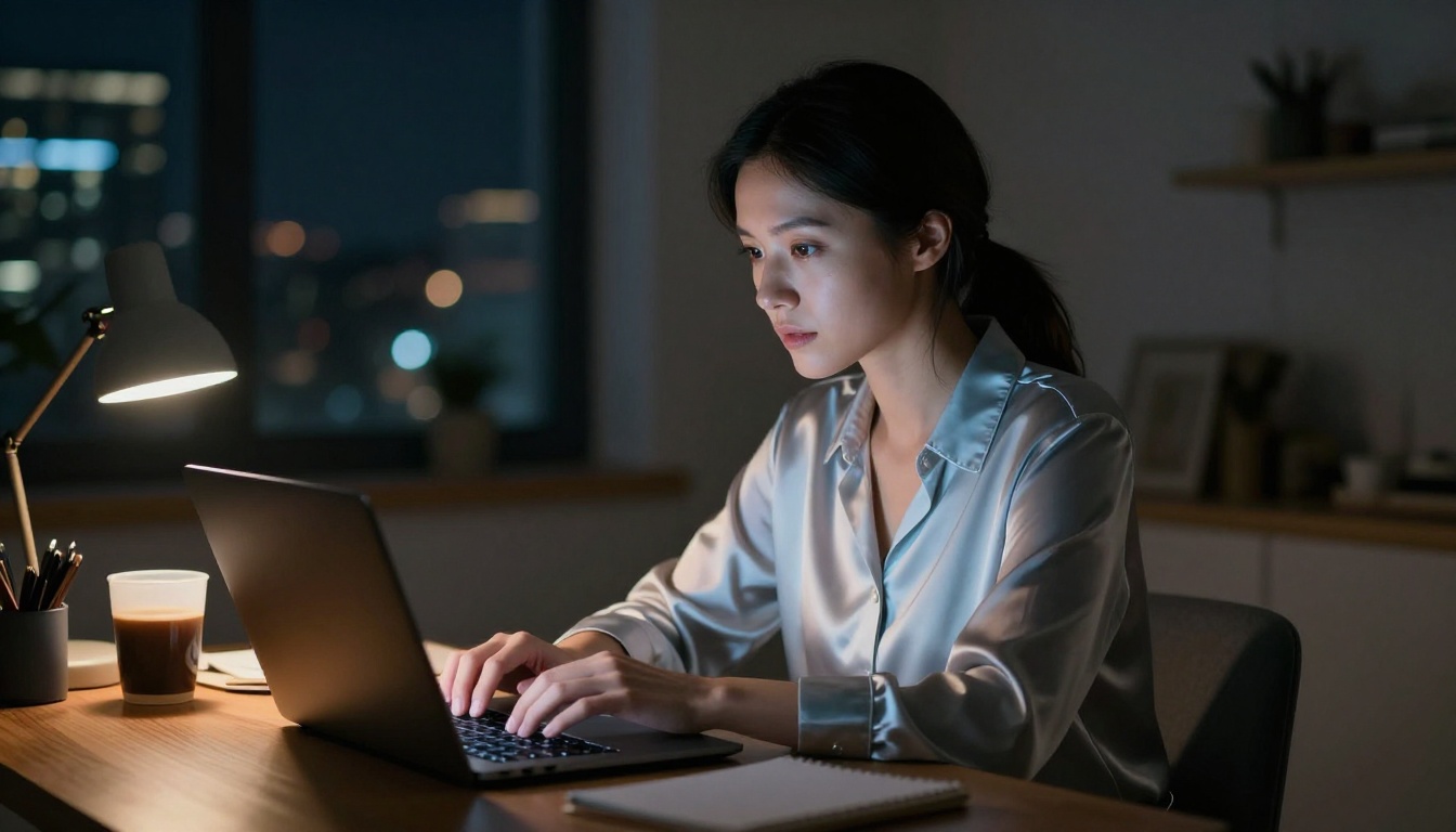 A woman at a laptop late at night, her face lit by the screen glow A woman at a laptop late at night, her face lit by the screen glow