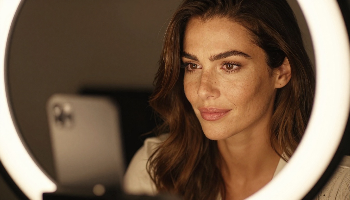 Close-up portrait of a brunette adult creator at her desk with warm ring-light illumination