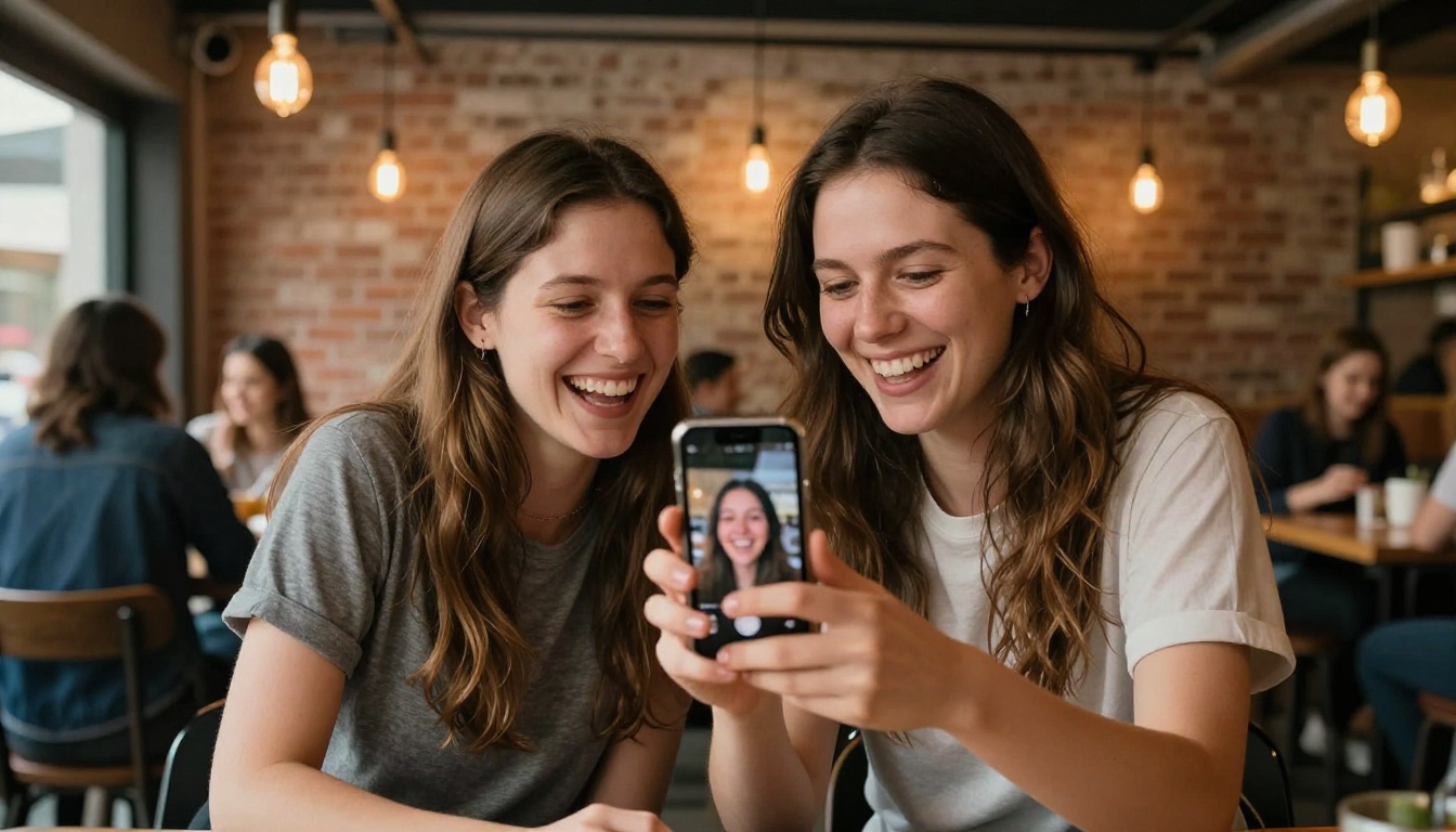 Two content creators reviewing AI-generated images on a phone at a warm café
