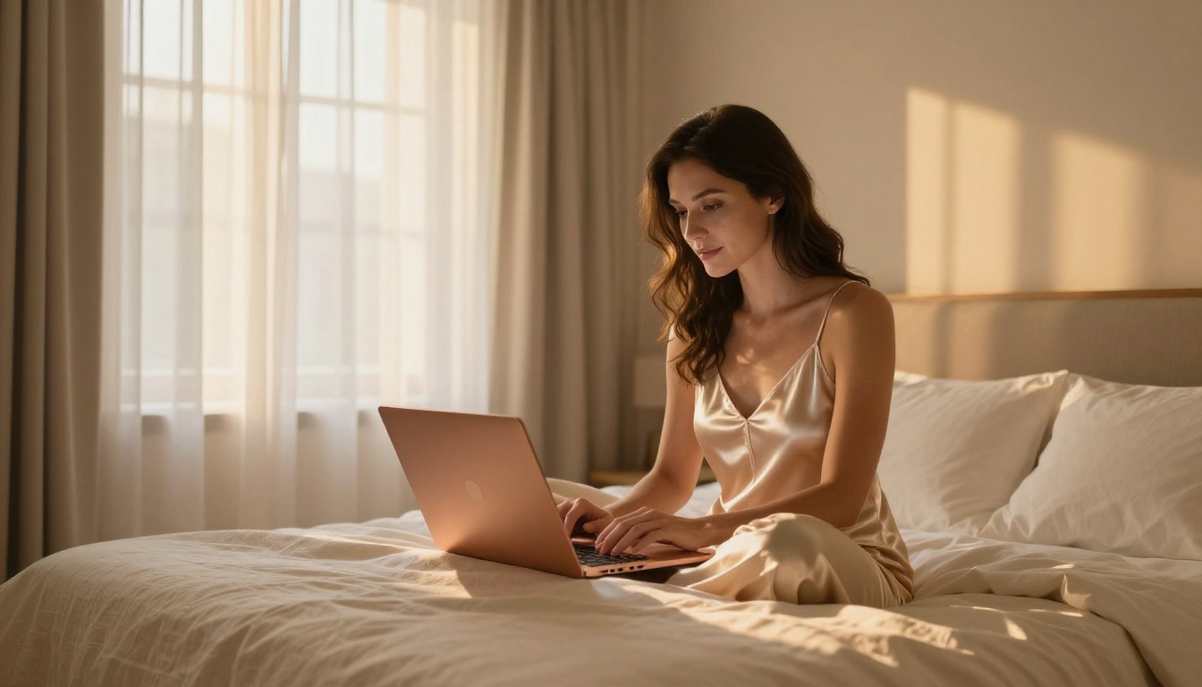 A professional woman reviewing content on a rose gold laptop in a hotel room filled with golden hour light