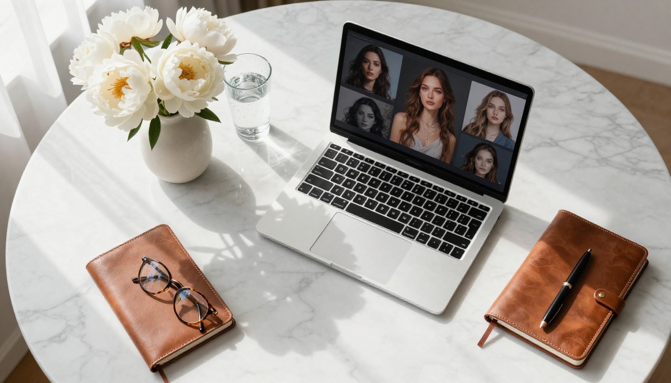 Overhead flat-lay of a creator's marble workspace with a laptop showing AI portrait results and white peonies