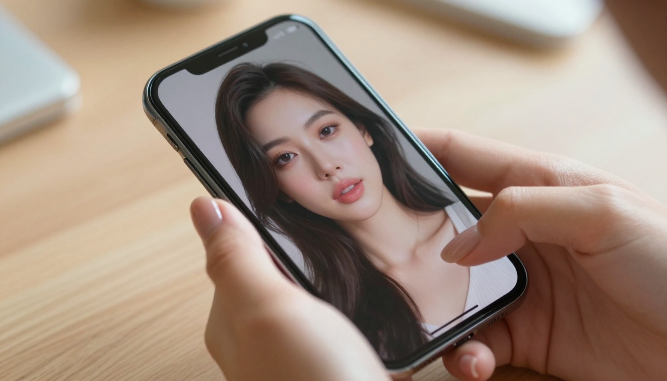 Close-up of elegantly manicured hands holding a phone displaying a photorealistic AI-generated portrait