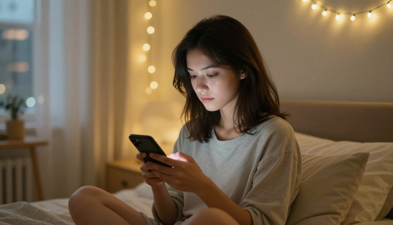 Woman typing on phone in cozy bedroom at night, warm smartphone glow illuminating her face