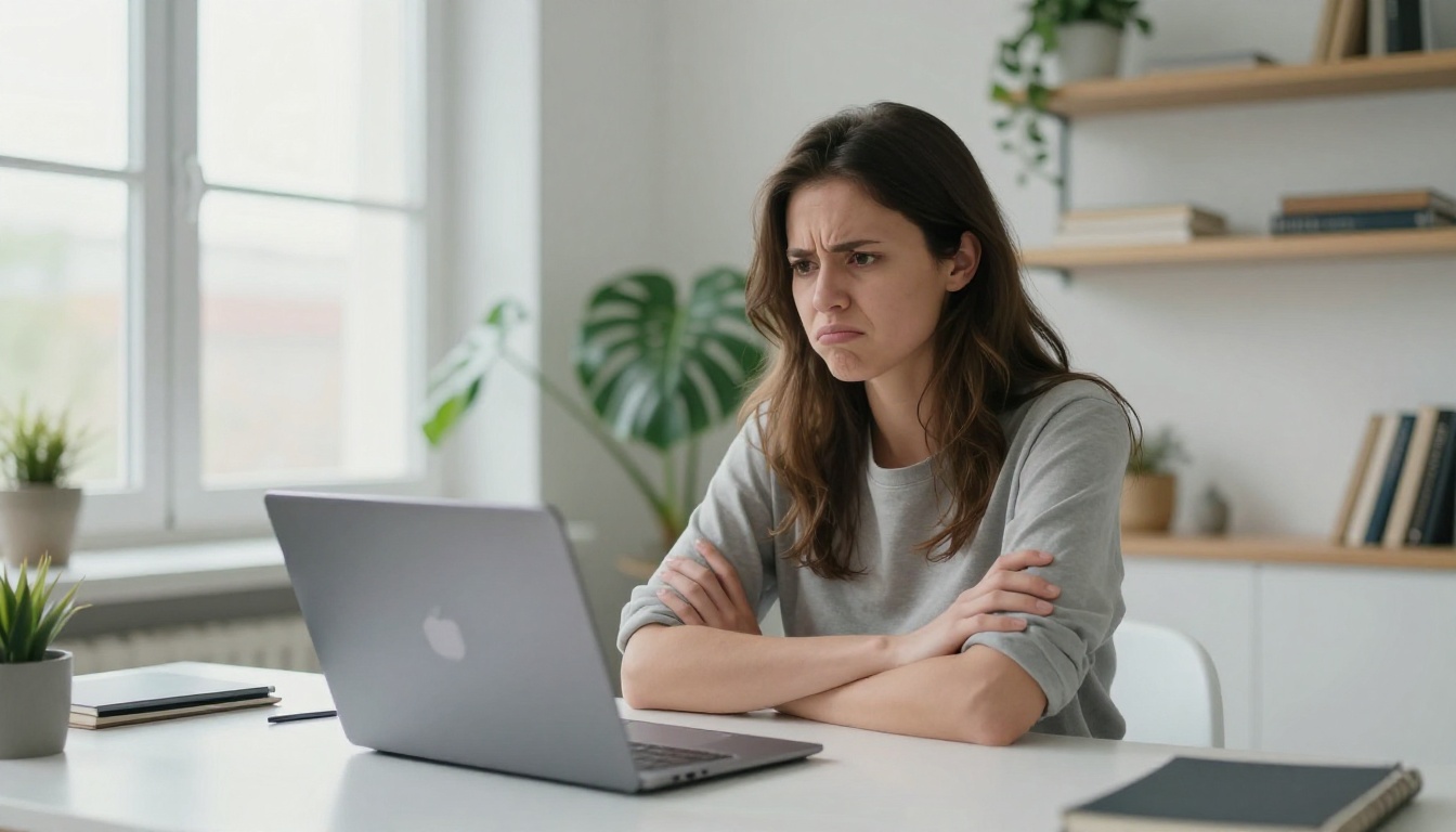 Frustrated woman at laptop with a blocked content error on screen, arms folded in exasperation