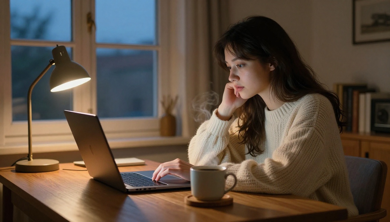 Young woman in cream knit sweater at solid-oak desk, fingers at keyboard, dusk light from side window