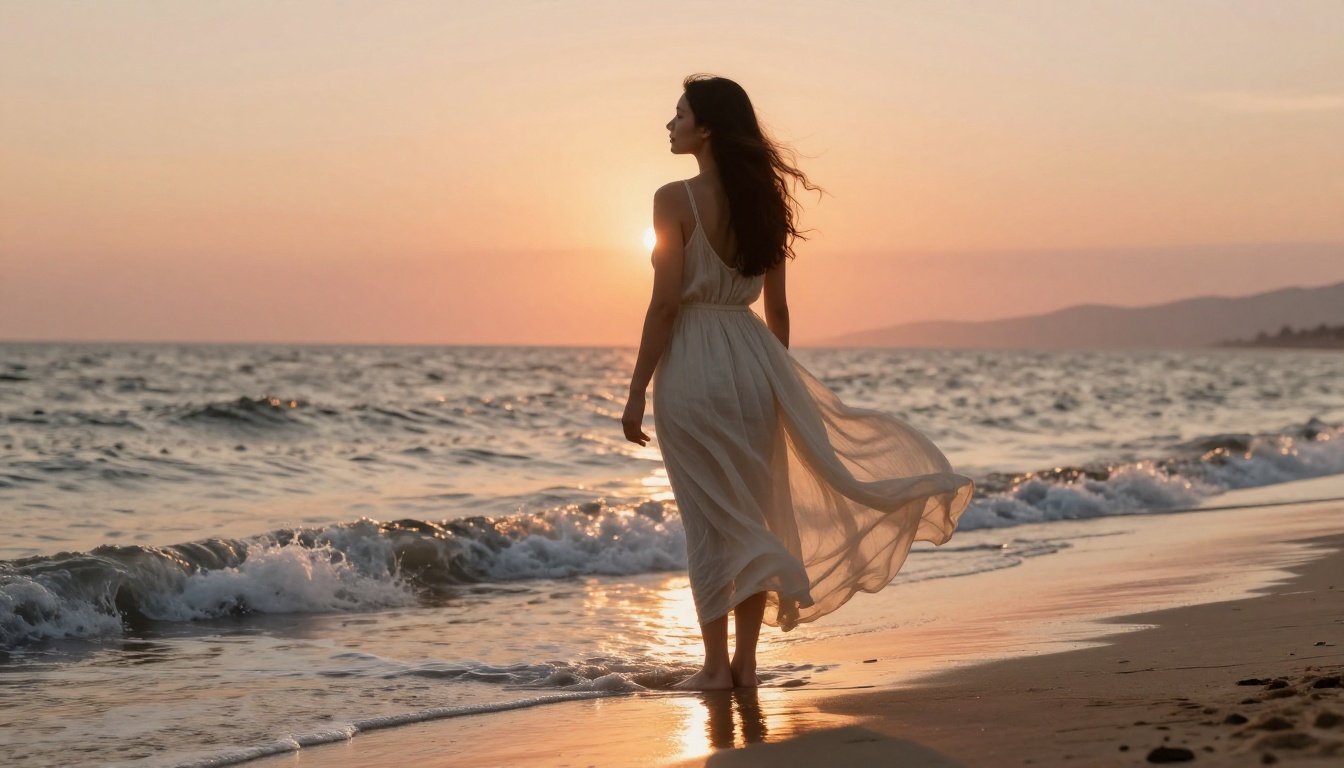 Woman in flowing semi-sheer ivory beach dress at water's edge, golden sunset backlight, low-angle wide shot