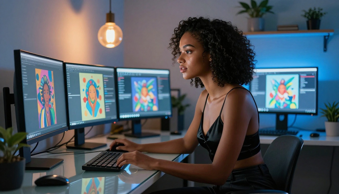 AI creator workflow at multi-screen workstation AI creator workflow at multi-screen workstation