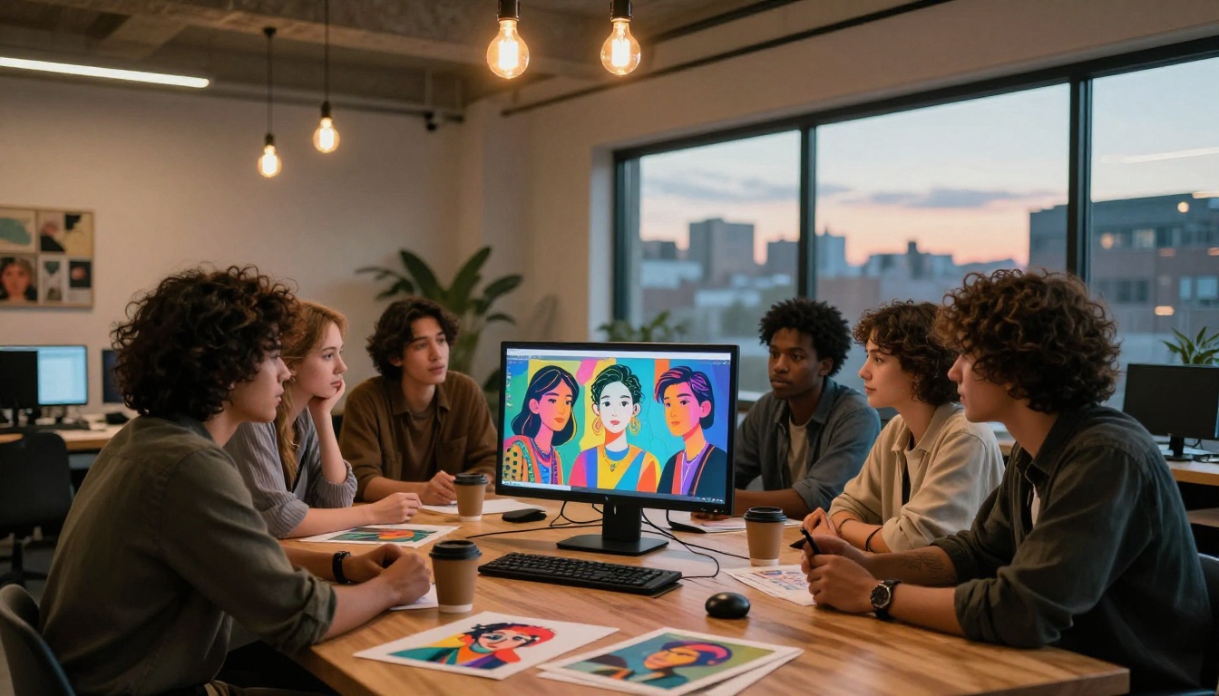 A diverse group of creatives gathered around a monitor viewing AI-generated art in a warm co-working loft A diverse group of creatives gathered around a monitor viewing AI-generated art in a warm co-working loft