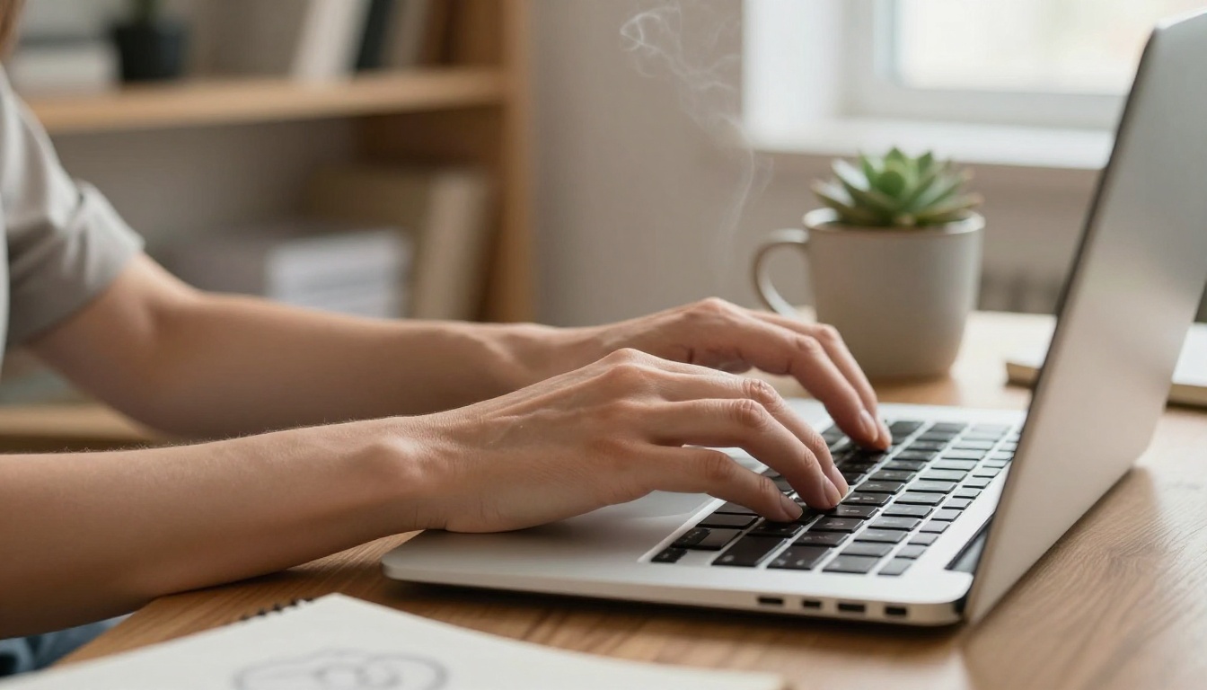 Close-up of a woman's hands on a laptop keyboard in a soft morning light home studio with open sketchbook nearby Close-up of a woman's hands on a laptop keyboard in a soft morning light home studio with open sketchbook nearby