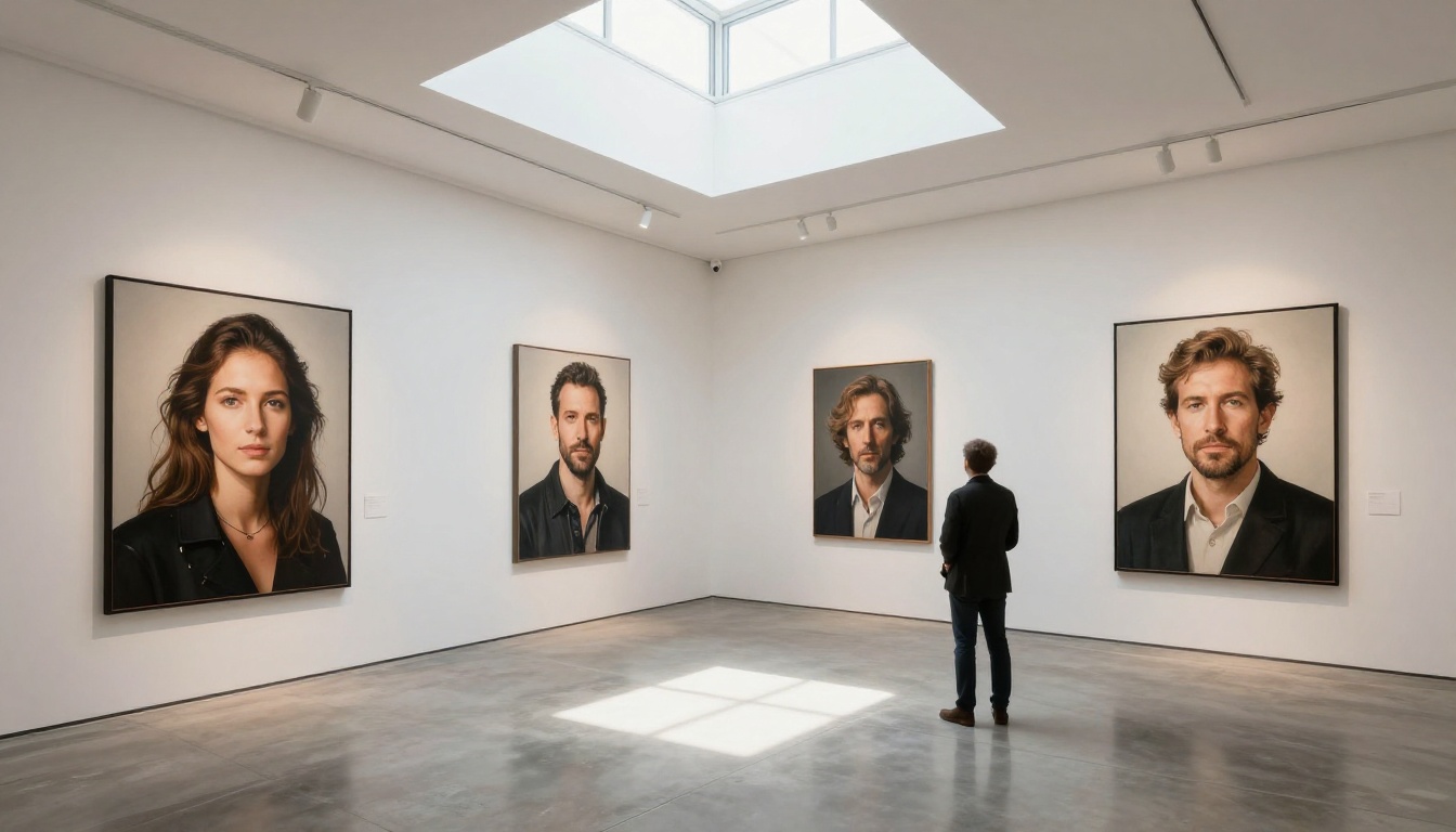 A bright minimalist art gallery with AI-generated portrait prints on white walls, visitors studying each piece A bright minimalist art gallery with AI-generated portrait prints on white walls, visitors studying each piece