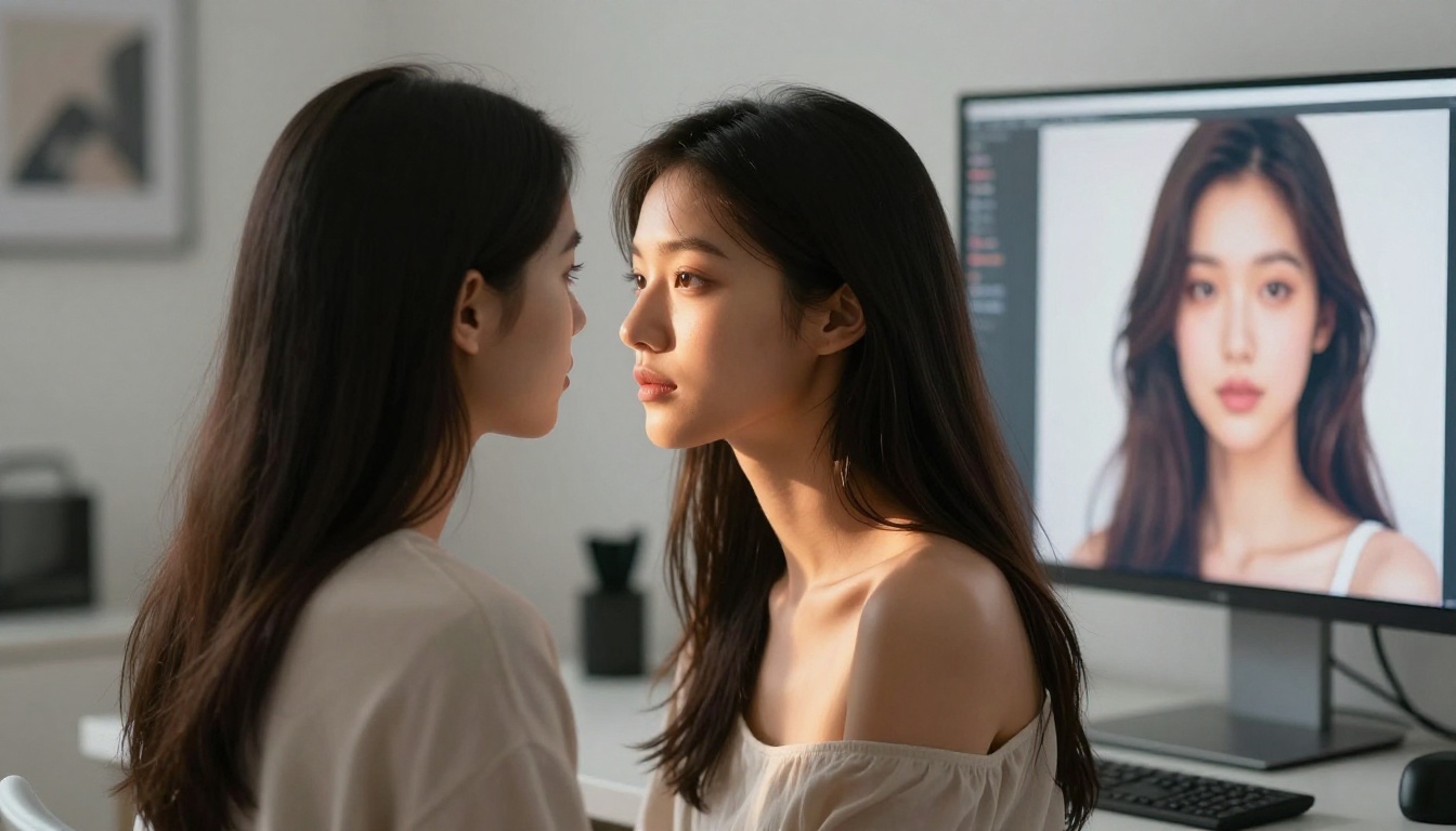 A young woman in side-profile gazes at a monitor displaying AI-generated portrait art in warm afternoon light A young woman in side-profile gazes at a monitor displaying AI-generated portrait art in warm afternoon light