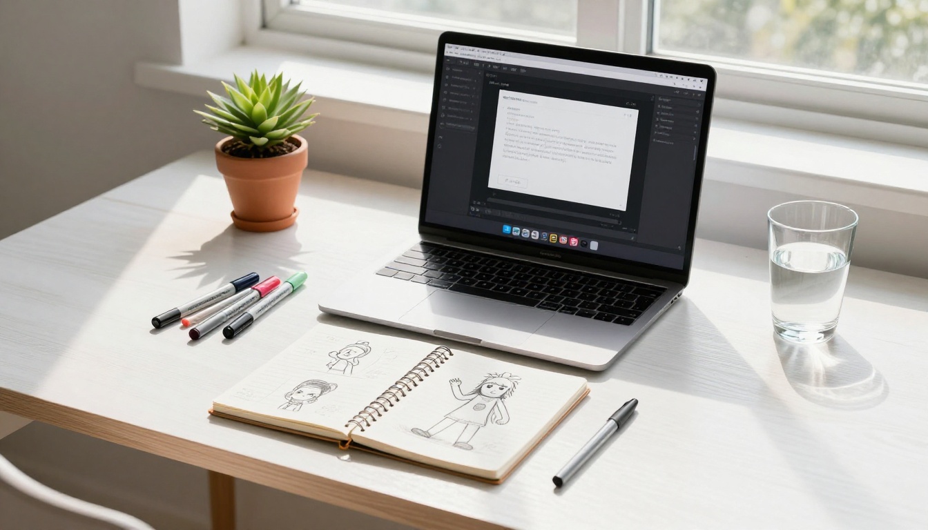 Overhead flat-lay of a modern creator workspace with a laptop, open sketchbook, and art tools on a white oak desk Overhead flat-lay of a modern creator workspace with a laptop, open sketchbook, and art tools on a white oak desk