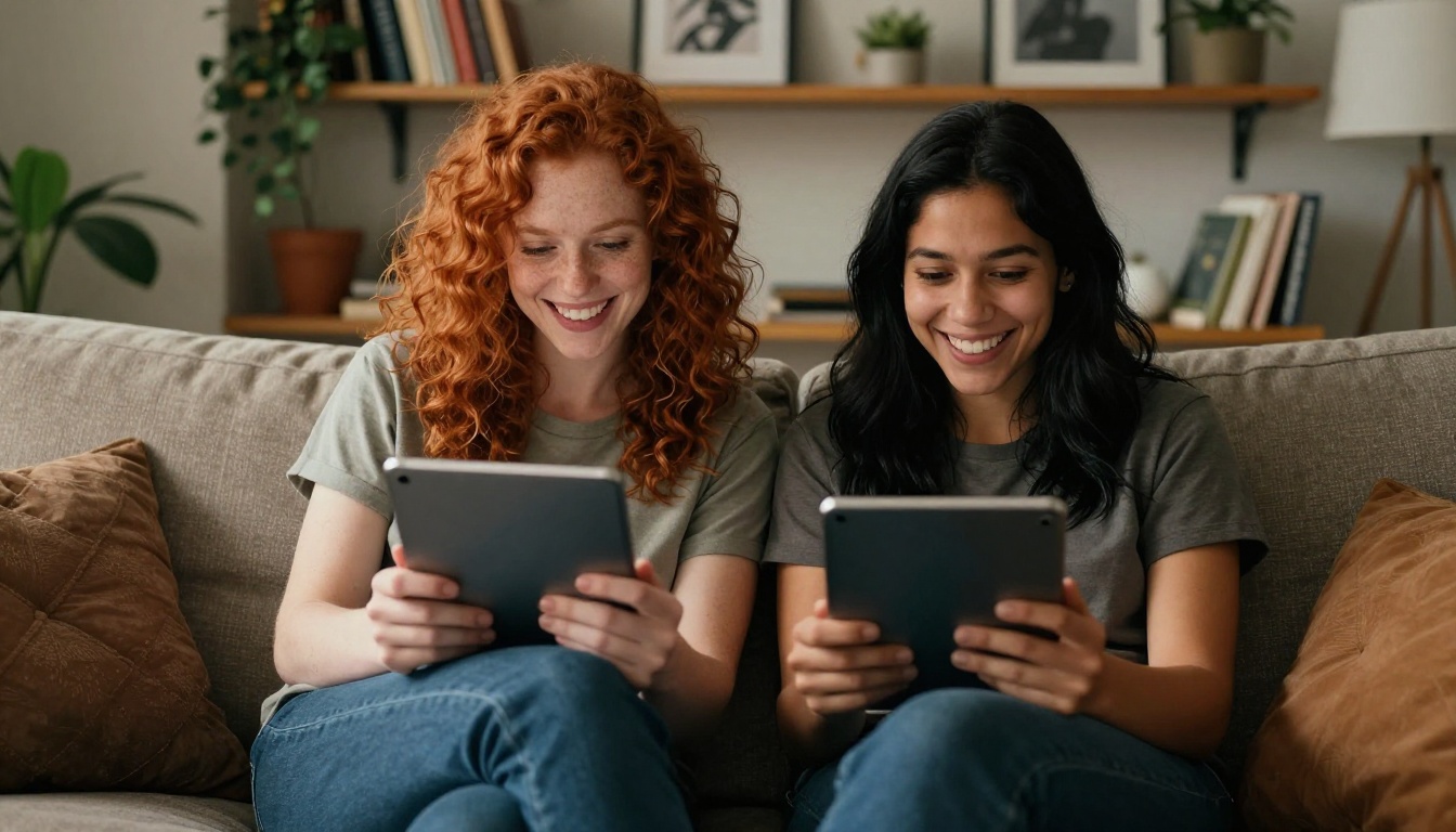 Two women casually browsing AI art together on a tablet in a warm living room Two women casually browsing AI art together on a tablet in a warm living room