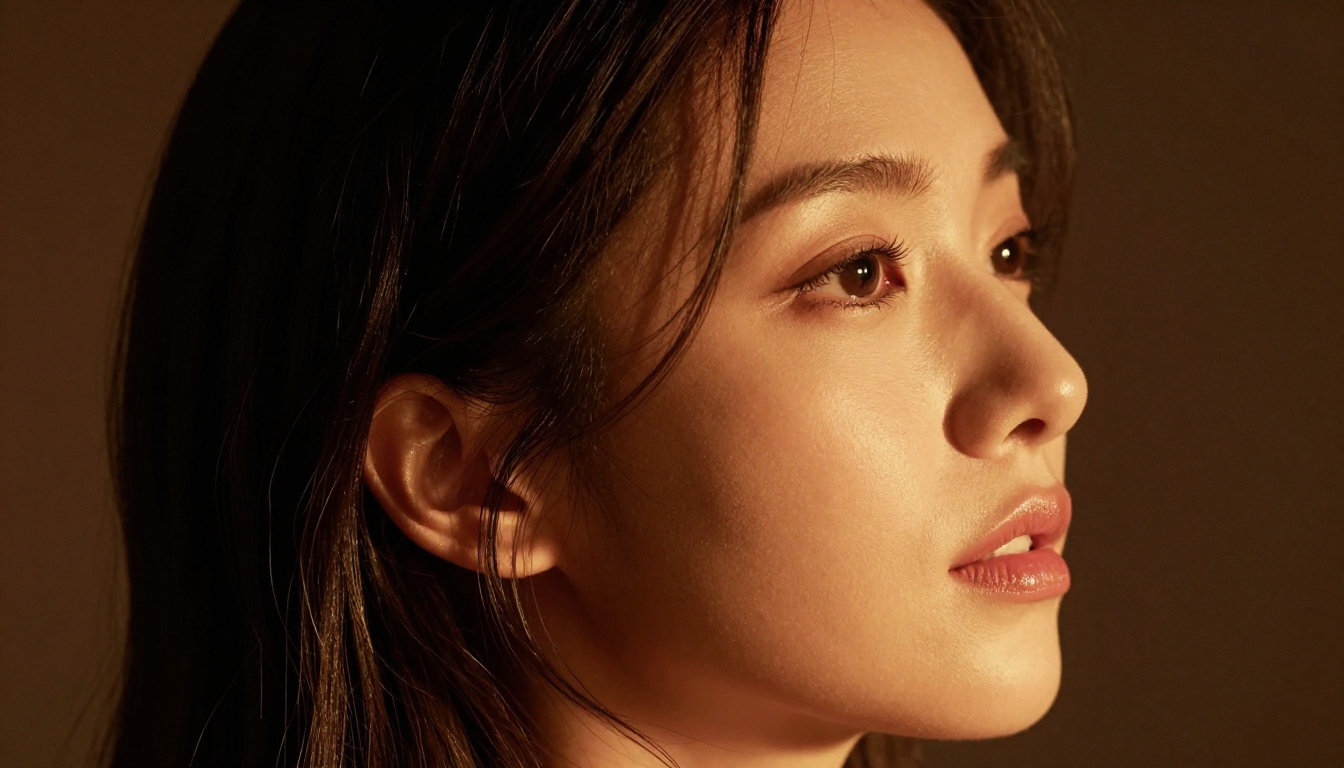 A dramatic close-up beauty portrait of a woman's face lit by warm amber studio light A dramatic close-up beauty portrait of a woman's face lit by warm amber studio light