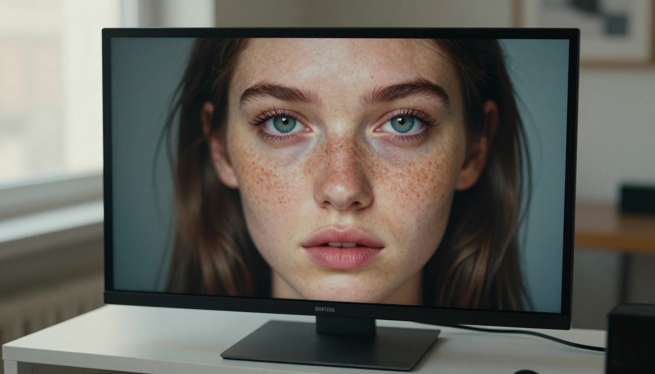 Hyper-detailed AI-generated portrait displayed on a large monitor, showing individual freckles, eyelashes and skin pores