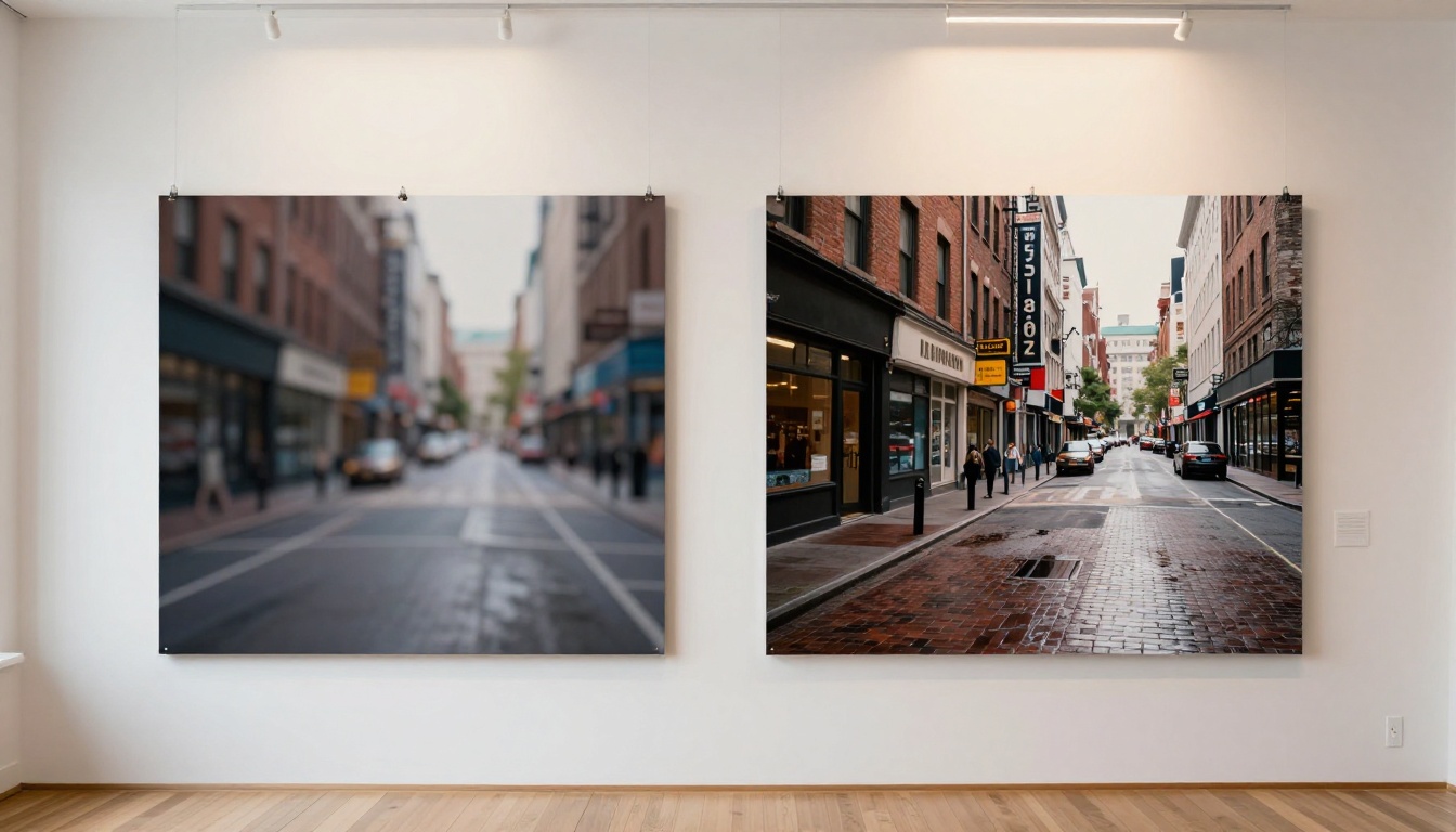 Two side-by-side gallery prints on a white wall, one blurry AI image versus one razor-sharp version with visible brick texture and wet pavement reflections