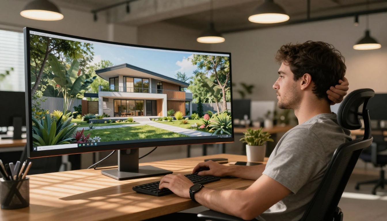 Graphic designer leaning back in ergonomic chair, relaxed satisfaction, large curved monitor showing photorealistic architectural render of a modern house surrounded by greenery
