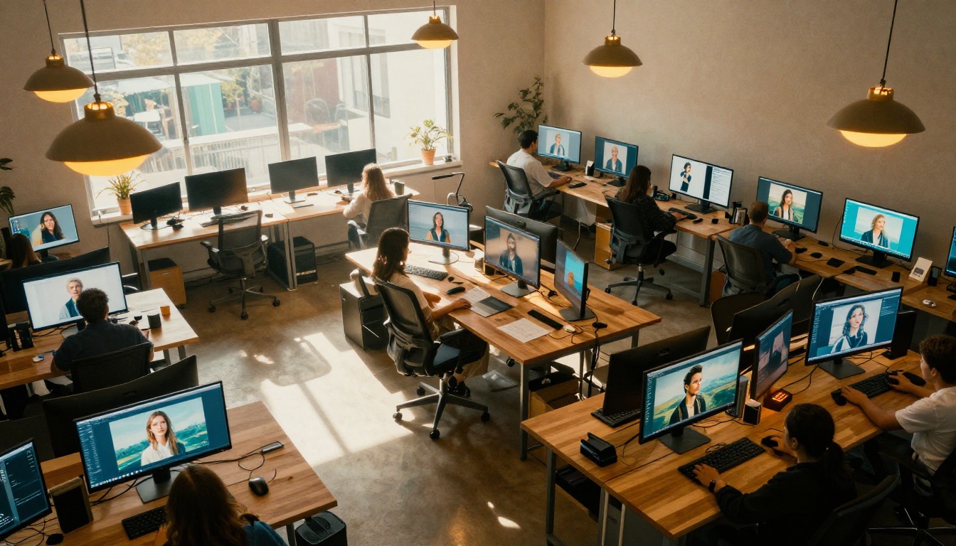 Aerial shot of a modern open-plan creative studio, designers at workstations with monitors glowing with vivid AI-generated images, warm pendant lights and skylights