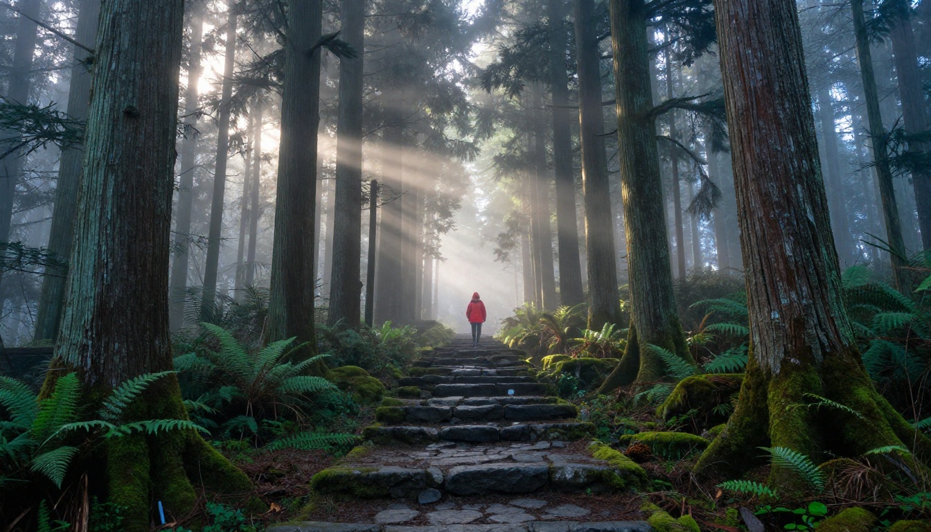 Misty Japanese forest at dawn with ancient cedar trees, individual bark textures, moss-covered stone path, god-rays through morning fog, hiker in red jacket for scale