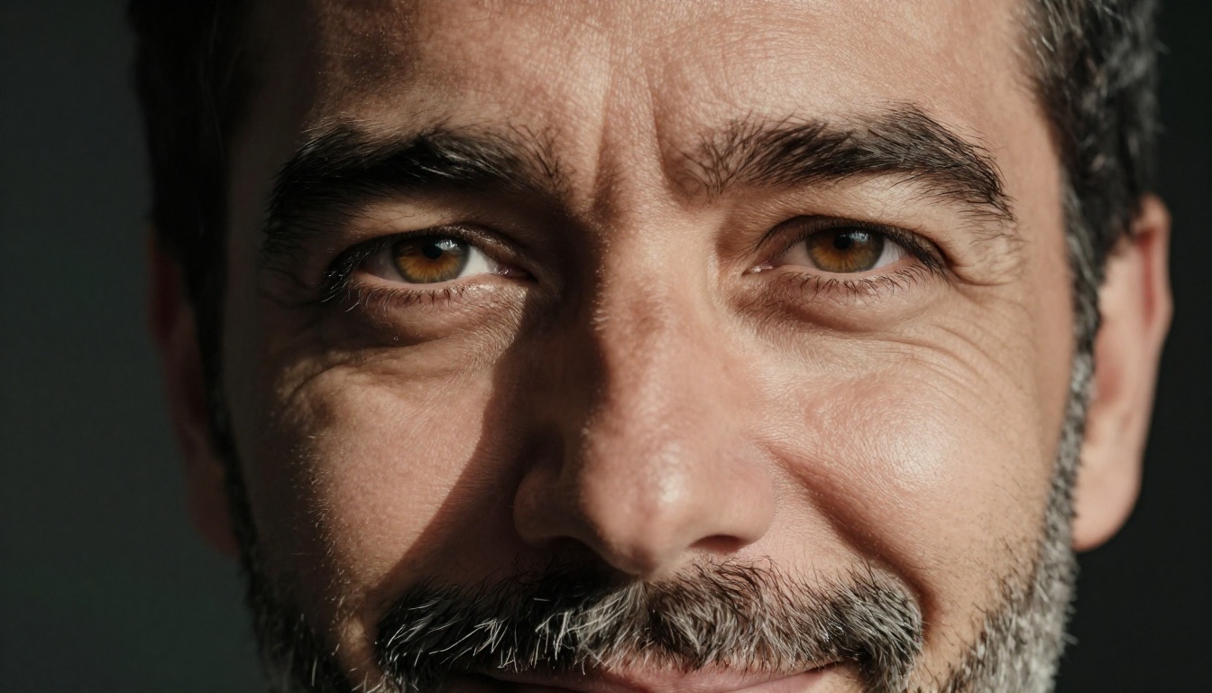 Close-up portrait of a man with salt-and-pepper beard, each individual hair sharp, deep hazel eyes with iris texture, Rembrandt lighting from the right side